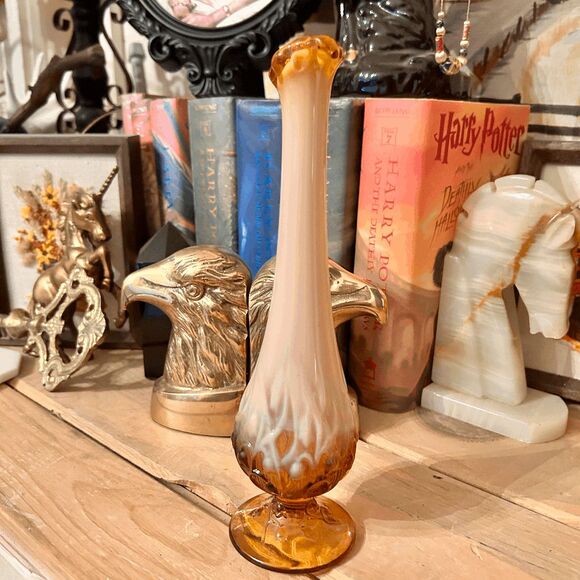 Vintage 1970s Fenton Lily of the Valley Bud Vase Opalescent Glass with Brown Pat - Picture 2 of 4